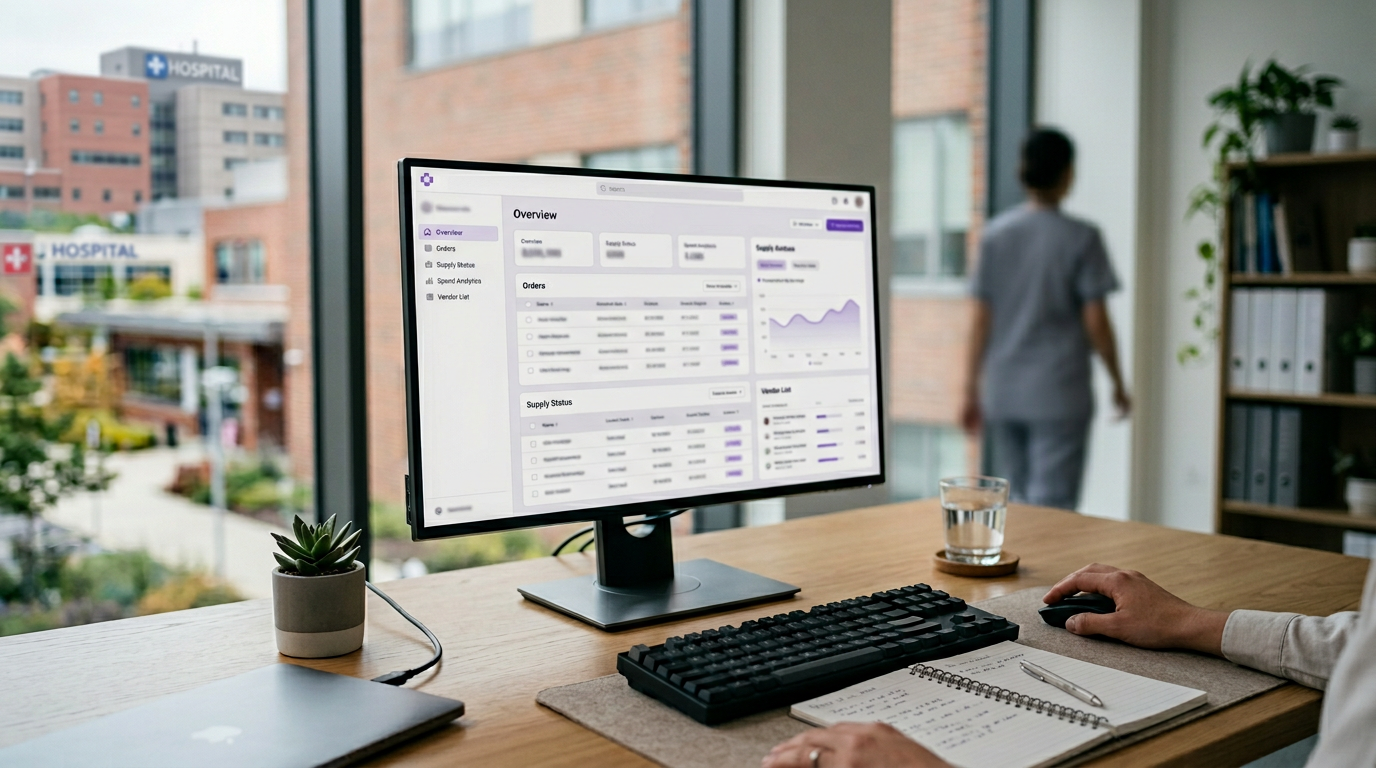 Organized hospital procurement workspace with a single clean software dashboard